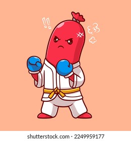 Cute Sausage Hotdog Boxing Karate Cartoon Vector Icon Illustration. Food Sport Icon Concept Isolated Premium Vector. Flat Cartoon Style