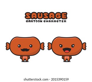 cute sausage mascot, food cartoon illustration, isolated on white background