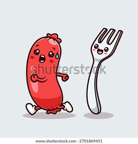 Cute Sausage Running From Fork Cartoon Vector Icon Illustration. Food Object Icon Concept Isolated Premium Vector. Flat Cartoon Style