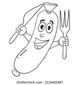 cute sausage vector cartoon character. Suitable for food and beverages or teaching media or coloring book for young learners