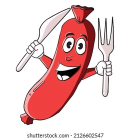 cute sausage vector cartoon character. Suitable for food and beverages or teaching media or coloring book for young learners