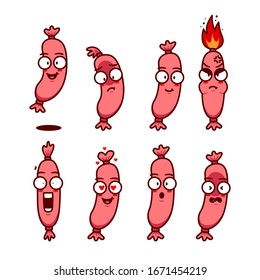 Cute sausage wiener snack fast food cartoon character mascot with emoji expression set pose