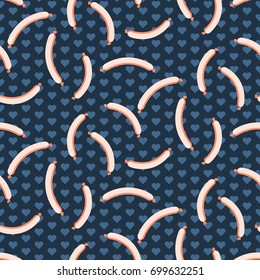 Cute sausages seamless vector pattern. Pink meat red-hots on blue heart background.