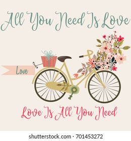 Cute save the date card or valentine with bicycle and flowers, All you need is love