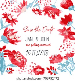 Cute Save the date with red flowers and abstract shapes. Vector illustration