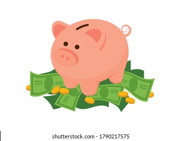 Cute Saving Piggy Bank On A Pile Of Money Vector. Pig Money Box Icon Isolated On A White Background. Pink Piggy Bank Vector