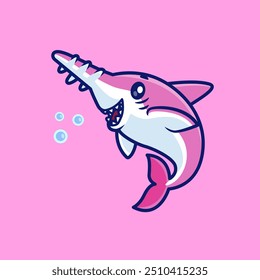 Cute Saw Shark Swimming Cartoon Vector Icon Illustration. Animal Nature Icon Concept Isolated Premium Vector. Flat Cartoon Style