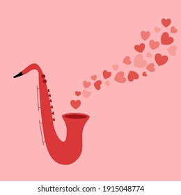 Cute saxophone and blowing hearts in flat design. Music love songs. Design for Valentine’s Day greeting card, poster, banner.