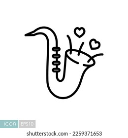 Cute saxophone and blowing hearts isolated icon. Vector illustration, romance elements. Sticker, patch, badge, card for marriage, valentine