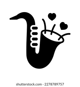 Cute saxophone and blowing hearts isolated glyph icon. Vector illustration, romance elements. Sticker, patch, badge, card for marriage, valentine