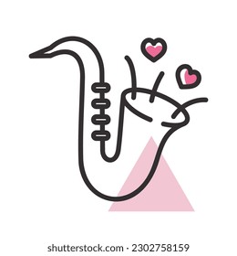 Cute saxophone and blowing hearts isolated icon. Vector illustration, romance elements. Sticker, patch, badge, card for marriage, valentine