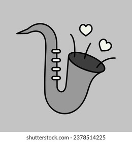 Cute saxophone and blowing hearts isolated grayscale icon. Vector illustration, romance elements. Sticker, patch, badge, card for marriage, valentine