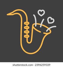 Cute saxophone and blowing hearts isolated on dark background icon. Vector illustration, romance elements. Sticker, patch, badge, card for marriage, valentine