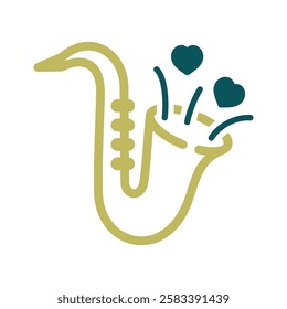 Cute saxophone and blowing hearts isolated icon. Vector illustration, romance elements. Sticker, patch, badge, card for marriage, valentine