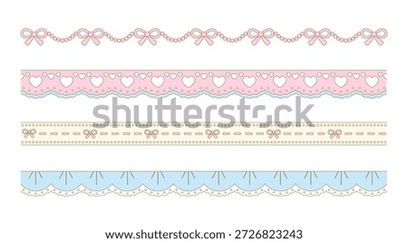 Cute scallop edge ribbon border. Lace ornament divider with bow, heart, dots and ruffle.