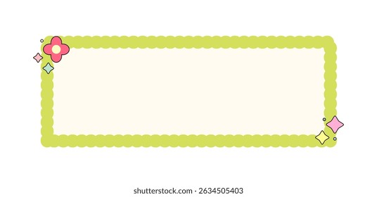 A cute scallop green rectangle frame decorated with flower and stars, border wavy vector illustration