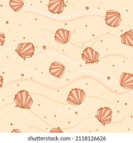 Cute, scallop seashells on beach sand with pebbles seamless pattern. Great for Spring or Summer fabric, scrap-booking, gift-wrap, wallpaper, product design product design. Surface design. Vector