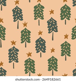 Cute scalloped Christmas trees with stars in colors of olive green, forest green and golden yellow on a cream background. Holiday seamless vector pattern. Great for home decor, fabric, wallpaper, gift