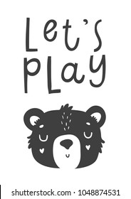 Cute scandi black and white card with bear. Monochrome stylich kids poster in scandinavian style with little bear and lettering. Vector illustration perfect for children, baby nursery desigsn or print