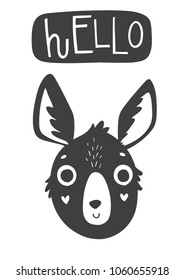 Cute scandi black and white card with kangaroo. Monochrome stylich kids poster in scandinavian style with kangaroo and lettering. Vector illustration perfect for baby nursery desigsn or print