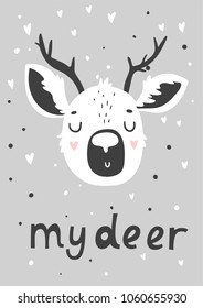 Cute scandi black and white card with deer. Monochrome stylich kids poster in scandinavian style with deer and lettering. Vector illustration perfect for baby nursery desigsn or print