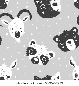 Cute scandi black and white seamless pattern with animals, nursery isolated illustration for children clothing. Hand drawn monochrome image. Perfect for phone cases design, nursery posters, postcards