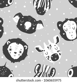 Cute scandi black and white seamless pattern with animals, nursery isolated illustration for children clothing. Hand drawn monochrome image. Perfect for phone cases design, nursery posters, postcards