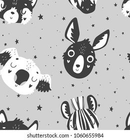 Cute scandi black and white seamless pattern with animals, nursery isolated illustration for children clothing. Hand drawn monochrome image. Perfect for phone cases design, nursery posters, postcards
