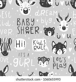 Cute scandi black and white seamless pattern with animals, nursery isolated illustration for children clothing. Hand drawn monochrome image. Perfect for phone cases design, nursery posters, postcards