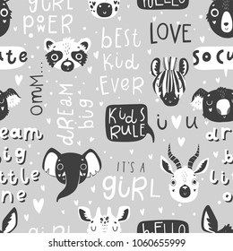 Cute scandi black and white seamless pattern with animals, nursery isolated illustration for children clothing. Hand drawn monochrome image. Perfect for phone cases design, nursery posters, postcards