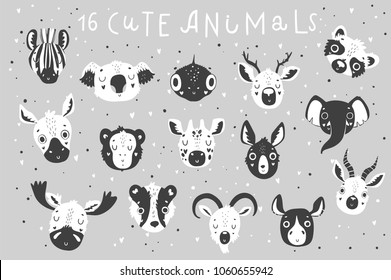 Cute scandi black and white set with  isolated illustration and lettering for children. Vector image. Perfect for nursery posters, patterns, party invitation, cards, tags etc