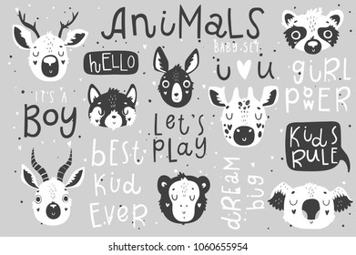 Cute scandi black and white set with  isolated illustration and lettering for children. Vector image. Perfect for nursery posters, patterns, party invitation, cards, tags etc