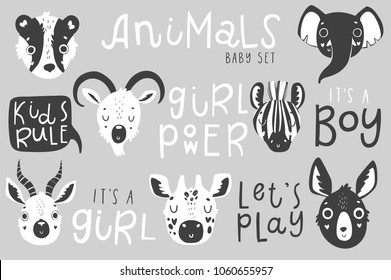 Cute scandi black and white set with  isolated illustration and lettering for children. Vector image. Perfect for nursery posters, patterns, party invitation, cards, tags etc
