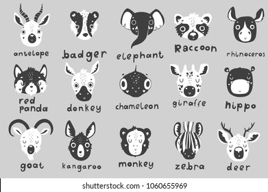 Cute scandi black and white set with  isolated illustration and lettering for children. Vector image. Perfect for nursery posters, patterns, party invitation, cards, tags etc