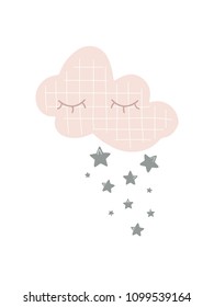 Cute scandi card with pink cloud and grey stars. Modern stylich kids poster in scandinavian style. Vector illustration. Good for children, baby nursery desigsn and print. Hand drawn doodles