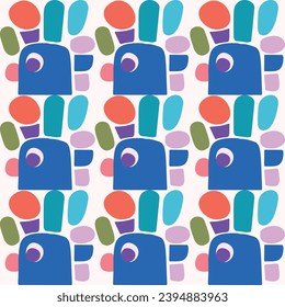 Cute scandi kids monster graphic design doodle seamless vector pattern. Colorful creature in bright happy playful endless wallpaper. Minimalist gender neutral art illustration.