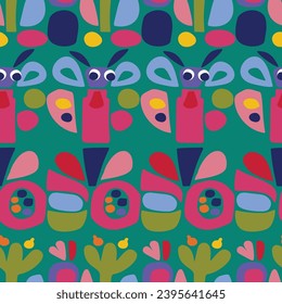 Cute scandi kids monster graphic design doodle seamless vector pattern. Colorful creature in bright happy playful endless wallpaper. Minimalist gender neutral art illustration.