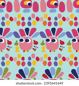 Cute scandi kids monster graphic design doodle seamless vector pattern. Colorful creature in bright happy playful endless wallpaper. Minimalist gender neutral art illustration.