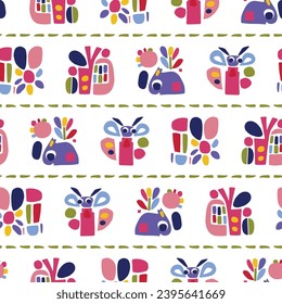 Cute scandi kids monster graphic design doodle seamless vector pattern. Colorful creature in bright happy playful endless wallpaper. Minimalist gender neutral art illustration.