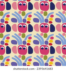 Cute scandi kids monster graphic design doodle seamless vector pattern. Colorful creature in bright happy playful endless wallpaper. Minimalist gender neutral art illustration.