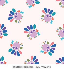 Cute scandi kids monster graphic design doodle seamless vector pattern. Colorful creature in bright happy playful endless wallpaper. Minimalist gender neutral art illustration.