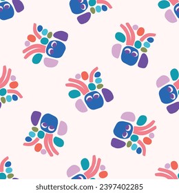 Cute scandi kids monster graphic design doodle seamless vector pattern. Colorful creature in bright happy playful endless wallpaper. Minimalist gender neutral art illustration.