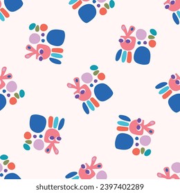 Cute scandi kids monster graphic design doodle seamless vector pattern. Colorful creature in bright happy playful endless wallpaper. Minimalist gender neutral art illustration.