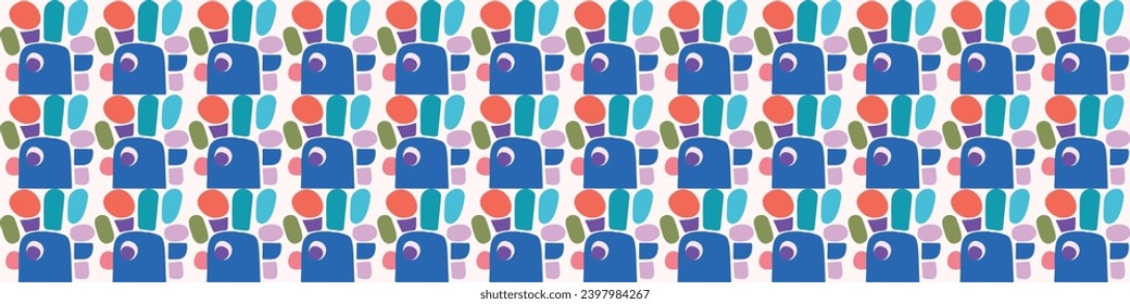 Cute scandi kids monster graphic design doodle endless vector border. Colorful creature in bright happy playful endless banner. Minimalist gender neutral art illustration.