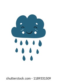 Cute scandi nursery poster or card with blue navy cloud and rain drops. Modern style kids poster in Scandinavian style. Good for children, baby nursery design and print. Hand drawn doodle