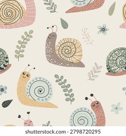 Cute scandi snails seamless pattern on warm linen background. Minimalist boho baby snail vector background with watercolor textures and botanical branches. Nursery gentle print for kids textile, fabric and wrapping paper.
