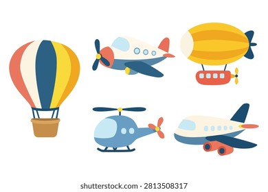 Cute Scandinavian Air Transportation and Vehicles Vector Clipart Set