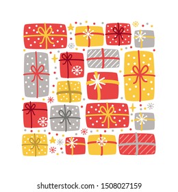 Cute Scandinavian All I Want for Christmas background with hand drawn Christmas present boxes and snowflakes for your decoration