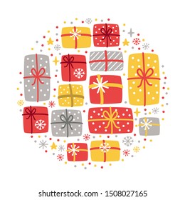 Cute Scandinavian All I Want for Christmas background with hand drawn Christmas present boxes and snowflakes for your decoration