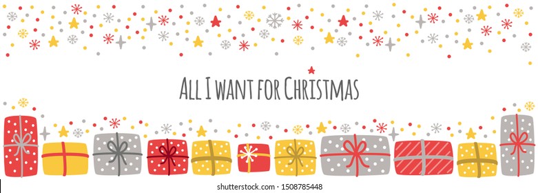 Cute Scandinavian All I Want for Christmas horizontal banner background with hand drawn Christmas present boxes and snowflakes for your decoration